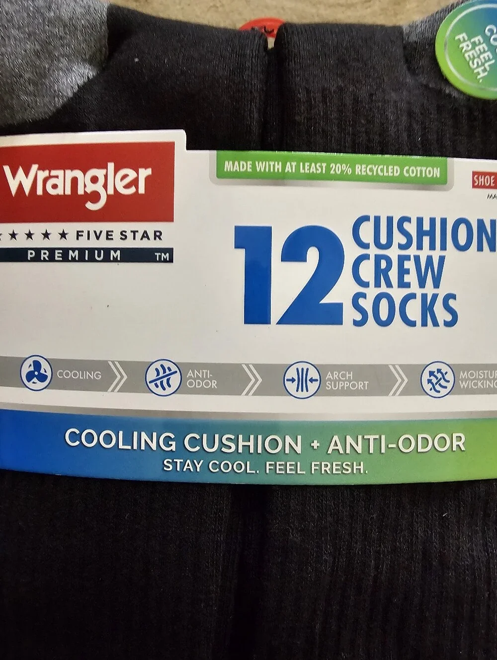 Wrangler Mens Crew Socks 12-Pair Size 6-12 Cushioned Anti-Odor Blk/Gray